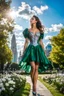 Placeholder: fullbody girl makeup wearing a dark green-silver victorian short dress walking in moder city of 2040 park ,flowers ,pretty clouds in blue sky,city escape.