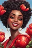 Placeholder: Create a comic book cartoon art style image of a curvy black female looking down with a smile on her face. Prominent makeup with hazel eyes. Highly detailed messy curly bun with a hair scarf on her head with large red tulip flowers surrounding her. 2k