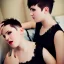 Placeholder: Russian short hair beautiful tomboy boyish boylike short man's haircut boyish features shortcut in black girlish nightgown in hotel wedding night