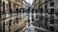 Placeholder: Puddled streets in an old European city on a dark and rainy day. Walkers with umbrellas and some on bicycles are reflected in the puddles