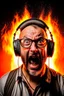 Placeholder: Portrait of a man with a radio helmet on his head. Wearing glasses. A small beard pepper and salt. He is bald. White race. He is a metal fan and screams. Flames surround him.