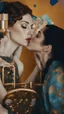 Placeholder: Masterpiece, fine art, award winning, "like Gustav Klimt : the Kiss in a chair" 2 w, RAW photo, eye candy in the style of (petra collins::Robin Eley:1.5), (Suhaila Ben Lachhab::Heidi Moussa:1.5) in breathtaking cinematic shot (full body shot, from below angle) that emphasizes the stunning cheek bones, texturized black hair,(big detailed eyes:1.5) (cottagecore aesthetic:5) with extreme sensuality, Irresistible with (porcelain skin:4.8), sitting on an old chair, retro vintage style