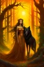 Placeholder: In the heart of a dense and enigmatic forest with towering ancient trees cloaked in amber foliage stood a bewitching sorceress possessing an ethereal allure her lustrous hair cascading in ebony waves down to her slender waist that turns into roots In the background a faithful companion a majestic canine of Belgian shepherd lineage roamed at her side its eyes illuminated by an otherworldly crimson glow exuding an aura both mysterious and demonic