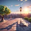 Placeholder: Background: rooftop overlooking a city on a bright sunny day landscape, clouds, tree branch, paved sidewalk, lantern, 3d asset, low poly Camera: frontal angle, 45°, 50 mm. Lighting: setting sun, LED lights, flashlight. 3d asset, cartoon style, low poly