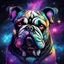 Placeholder: Cosmic Bulldog with ebony black fur that is etched with glowing Constellation patterns living in a vivid nebula in warped comic art style