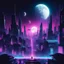 Placeholder: synthwave style pic , a futuristic city with many human eyes flying in the sky, lights , in a black night with a white moon