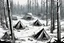 Placeholder: campsite, winter, tents, overgrown, post-apocalyptic, comic book, forest