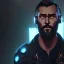 Placeholder: DJ cyborg bearded Christian Boshell with headphones. dystopian cyberpunk style similar to sin city, cinematic Fire theme art, Dark moody atmosphere, similar to a Michelangelo art direction, close-up face