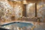 Placeholder: pool mosaic, 3D mirror pieces, beautiful composition, holographic marble pieces, brunette female, dessert shop, flowers, ethereal in sunshine, shading pastel and charcoal golden and ochre, golden glitter, , golden patina, corrosion