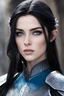 Placeholder: Realistic photography, beautiful young half elf female, pale skin, 20 years old, high cheekbones, attractive, black straight shoulder length hair, straight hair, blue intricate leather armor with white frills, grey eyes, front view, looking at viewer