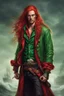 Placeholder: Pirates caught a man, long red hair, long red jacket with a green tie, green eyes,