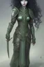 Placeholder: Female moon elf twilight cleric in dark green armour with blueish curly hair and white eyes