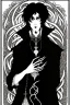 Placeholder: black haired young man necromancer wizard with gothic jewelry and tentacle fingers in the style of Aubrey Beardsley