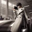 Placeholder: A tall slender young woman with short hair and a black trench coat longingly waiting for her flight at an airport while tweeting on her phone