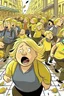 Placeholder: an obese terrified blonde woman crying and sobbing in a pant suit desperately running away from an angry mob of thousands of kindergarten kids chase her down a city street while holding books