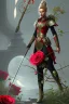 Placeholder: A large metal spear weapon covered in roses and thorns, realistic, fantasy,