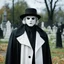 Placeholder: photo raw, 8k uhd, 1990s film still, man in black trenchcoat and black hat, wearing white plastic halloween mask, white hair, in a cemetary during the day, sharp focus, realistic,