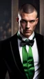 Placeholder: Handsome Alpha Male aged 30. buzzcut hair, five o clock shadow, wearing a black tuxedo with a green bow tie. Hyperrealistic 4k dark fantasy