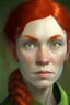 Placeholder: portrait of a dwarf lady, light green eyes, red hair, pronounced cheekbones and slightly square jaw