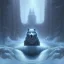 Placeholder: fantasy art, book cover, isometric big mad wizard in front of the ebony stairs of a bridge or dam ,icy water, on the bridge is a wolf