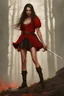 Placeholder: a young witch in a red low-cut short skirt, with a sword in one hand, photorealistic, delicate detail.