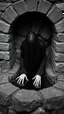 Placeholder: Black and white classic movie the well . A scary women wearing all black and long hair covering her face crawling out of an old well out both her hands on are touching the ground out side the well but her half of her buddy is inside , scary scene