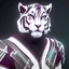 Placeholder: Tigre bianca che indossa un armatura d'argento con in mano una sciabola, colore vivace di sembianze umanoidi