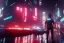 Placeholder: 3D, beautiful, light reflecting, empty future city at night, rainy night, neon, cyberpunk, tron, person with helmet walking