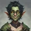 Placeholder: dnd, portrait of cute young orc-elf hybrid femboy, black hair, short hair, curled hair, hair covering one eye, emo hair, round glasses, tusks, sharp teeth, yellow eyes, flat chest, mage, magic, nose ring, pierced ears, twink, smile, sharp teeth, green skin, round face