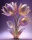 Placeholder: A 3D transparent glass tulips with intricate design: crystalline petals reflect pink, purple, and gold hues with gemstone-like edges and water droplets. A metallic stem and leaves, along with blurred warm gradients, evoke a futuristic, ethereal fantasy atmosphere
