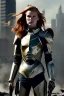 Placeholder: ultrarealistic, ruined city,__sci-fi armor__, __angles__, 18 year old woman, strikingly beautiful, ginger hair, _colour_, [__starlets__|__starlets__], (pale __skincolor__ skin:1.2), __camera__, _hair_, detailed face and eyes, medium breasts, leather choker, freckles, dynamic pose, resolved expression, __accessory__, strappy outfit, (straps:1.1), sword in scabard on left hip, (buckles, buttons, snaps, rings:1.0), haltertop style breastplate, detailed eyes, plump lips, sci-fi theme