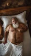 Placeholder: photography of a sicilian giant chubby man 65 years old, white beard, very hairy, shirtless, manly chest, lying down in the bed relaxing, aerial view, big shoulders, manly shoulders, dim lights, side light, white sheets, photorealistic, photographic, 32k