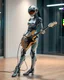 Placeholder: full body all to feet rendering female robotic Punk rocker playing electric guitar, he having chasing clear surfaces it from transparency super clear glass explore inside machine components, advance design futuristic sci fi picture,find details,Sony Alpha 7 50mm 1.8,medium shot, high-resolution image with fine details,ultra detailed,ultra realistic,extremely realistic,intricate,photorealistic,epic composition,futuristic room background