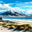 Placeholder: paisaje del sur de argentina al borde de una playa con montañas nevadas de fondo en una tarde de verano al estilo de paisaje realista basado en la flora fauna argentina al borde de una playa con montañas nevadas de fondo en una tarde de verano al estilo de Alfredo Lazzari