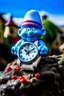 Placeholder: "Capture the essence of a classic Smurf Watch: A bright blue wristwatch with a white strap, featuring Papa Smurf's face on the dial, set against a backdrop of a whimsical Smurf village."