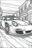 Placeholder: coloring page, car porsche alternative parked on the asphalt street, cartoon style, thick lines, few details, no shadows, no colors