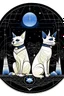 Placeholder: A sleek Siamese cat and a corgi dog sitting side-by-side, gazing out at a starry night sky with a sense of wonder. Style: Art Deco, with geometric shapes and metallic accents. Mood: Dreamy and peaceful. Lighting: Cool moonlight and twinkling stars. T-shirt design graphic, vector, contour, white background.