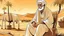 Placeholder: Old man, Arab, turban, white clothes, cattle, desert, council, sun, palm trees, mud houses, holding a stick, looking forward, a very slight smile.cartoon,Sitting on a chair,long beard,Mouth slightly open