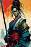 Placeholder: create an imaginative print illustration of an ethereal, otherworldly gaunt and withered ancient female ronin samurai vampire , in the comic book art style of Bill Sienkiewicz, Mike Mignola, and Jean Giraud Moebius, with highly detailed feminine facial features, styled after Sekiro