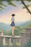 Placeholder: Hasui Kawase, Scott M Fischer, Surreal, mysterious, bizarre, fantastical, fantasy, Sci-fi, Japanese anime, development of the earth, perspective view, perspective, movement of the vanishing point, beautiful girl in a miniskirt drawing, perfect voluminous body, multicolored watercolor woodblock print style, detailed masterpiece