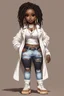 Placeholder: create a digital image of a plus size chibi dark skinned Black female wearing a white jean outfit with timberland boots. Prominent make up with brown eyes. Highly detailed dread locs 2k