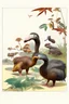 Placeholder: John James Audubon-like illustration of a fully uncropped Dodo bird and a Platypus in a landscape of warm yellows, warm reds, and warm blues