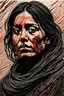 Placeholder: create an abstract, deeply powerful tragic and evocative, full body color woodcut of a raw and weathered young refugee woman with highly detailed and deeply cut facial features, lost in a horrific post apocalyptic Gaza, in the style of KATHE KOLLWITZ , searing lines and forceful strokes