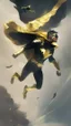 Placeholder: hero with gold and black clothes flying through the sky