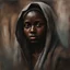 Placeholder: A portrait of a standing against the city wall sad beautiful young dark skinned woman with a head covering, looking straight in the camera painted in loose brushstrokes by expresiionist art