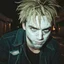 Placeholder: very grainy discolored 2000s photo, closeup portrait, dark night alley with no lights, grunge, extremely gaunt male with chalk-white skin wearing a ripped jeans jacket, animalistic, imposing, guarded, messy hair, scrutinizing look in the eyes, gangrel