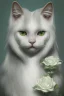 Placeholder: white cat, white hair, white roses, Camilla d'Errico, fantasy art, concept art, hyper detailed, beautiful, complex, trending on artstation, cinema4d, cryengine, national geographic photo, chiaroscuro A whitehaired Victorian woman with skulls and green flowers, high quality art, hyper detailed, beautiful, complex, trending on artstation, cinema4d, cryengine, national geographic photo, chiaroscuro