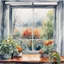 Placeholder: November cloudy gloomy rainy day behind window overlooking a garden, watercolor