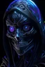Placeholder: female, mask Grim Reaper, cyberpunk, big fangs, glowing runes, nordic runes, violet eyes, glowing eyes, hard-edge style,highly detailed, high details, detailed portrait, masterpiece,ultra detailed, ultra quality