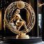 Placeholder: A magnificent golden and silver heart-shaped sign adorned with a stunning golden sphere encrusted with sparkling diamond clusters at its center, elegantly spinning in position,a girl statue standing pose